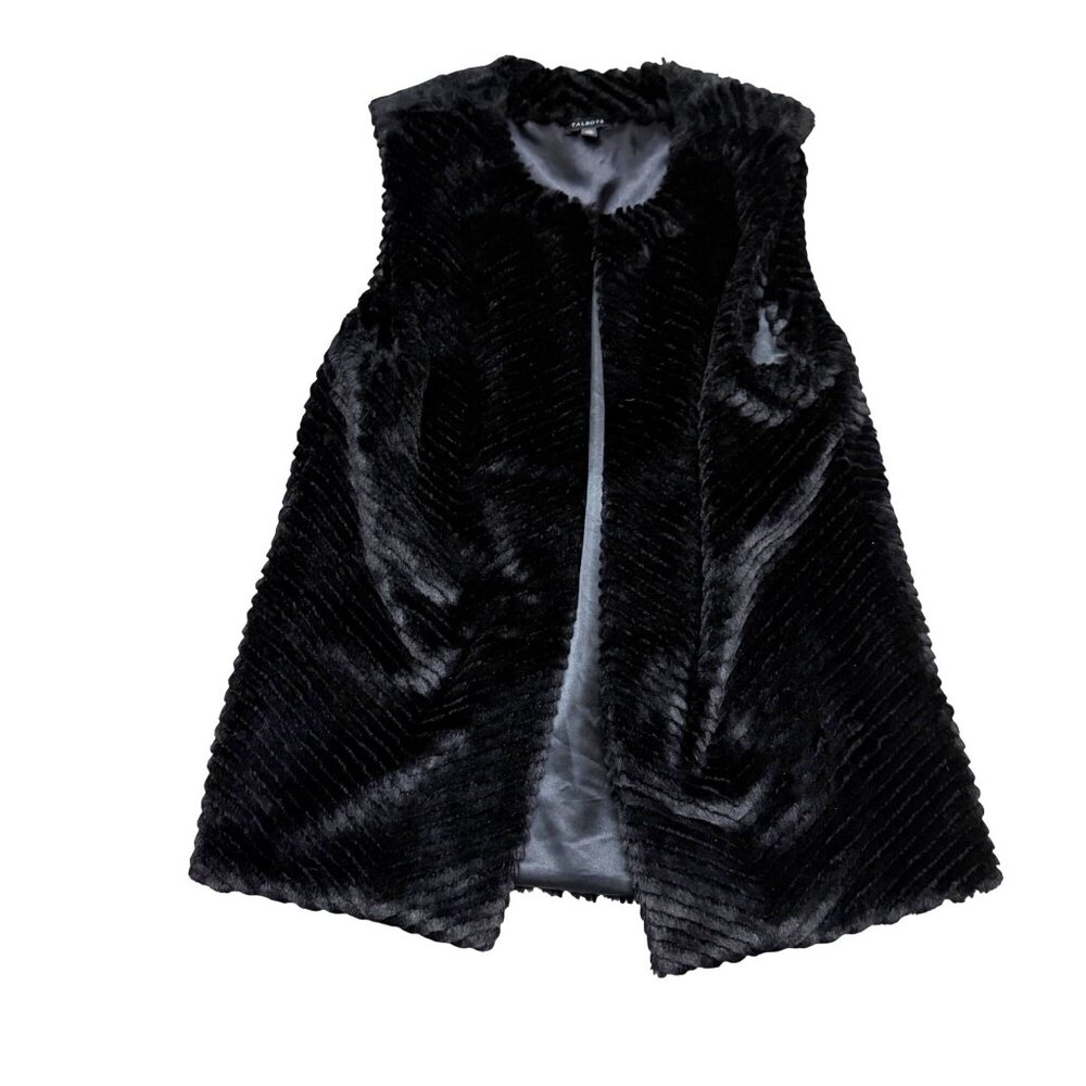 Talbots Women's Faux Fur Vest Sz XS Black Open Front Lined Cozy Layering Winter